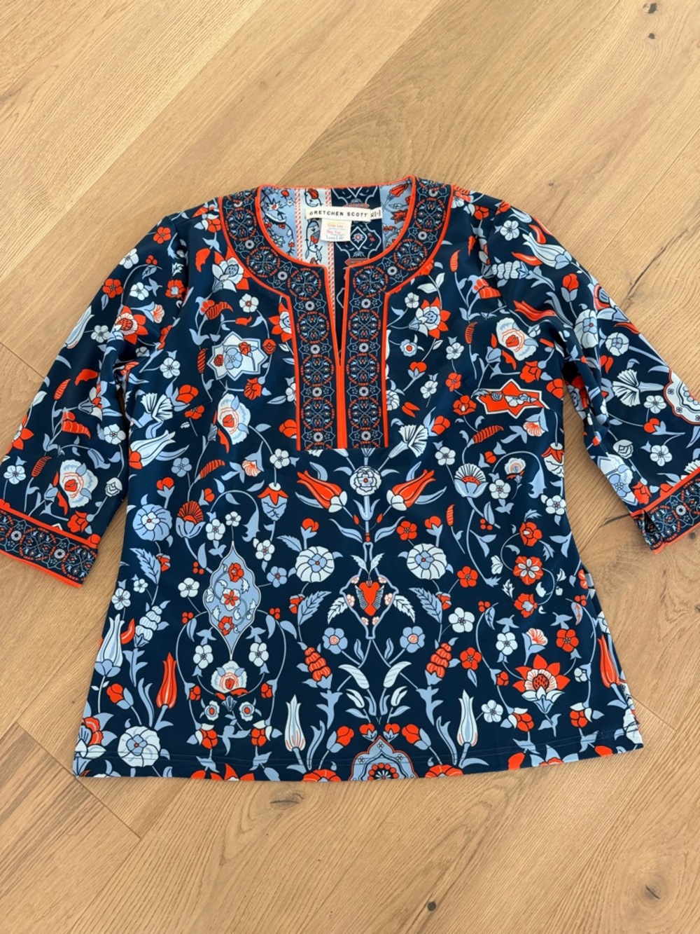 Gretchen Scott Designs Navy Blue and Orange Printed Tunic Top XL